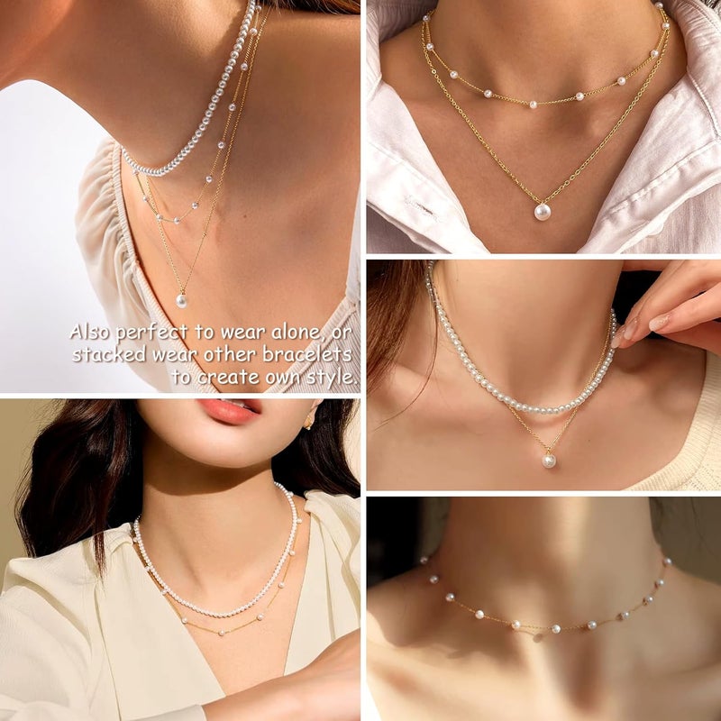 Zeffy Gold Pearl Necklace for Women, Dainty 14K Gold/Silve Plated Layered Pearl Choker Pearl Earrings Pearl Bracelets Wedding Trendy Gold Jewelry Set for Women Gifts - Image 4